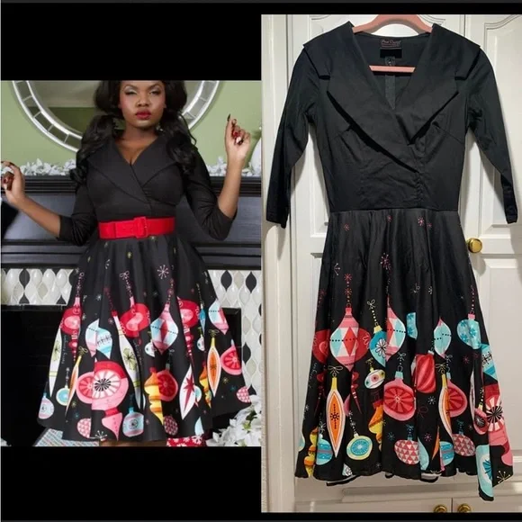 Pinup Couture Black Midi Dress with Colorful Lantern Print - CROSS-POSTED - Picture 1 of 5